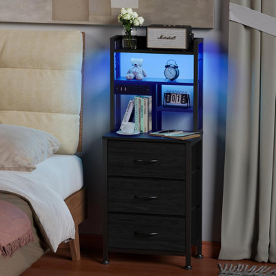Modern Tall Nightstand with Storage Shelves,  Drawers, LED Light & USB Charging Station, Bedside Side End Table for Bedroom