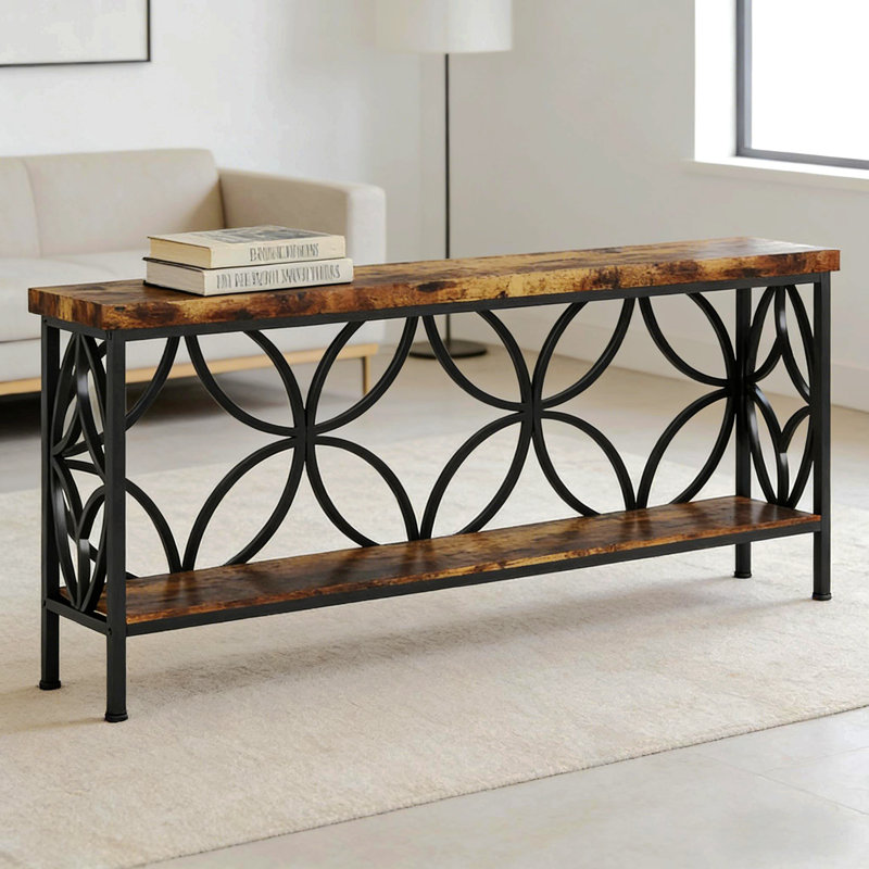 Table basse, canapé industriel, console à 2 niveaux, Noir, Brun rustique