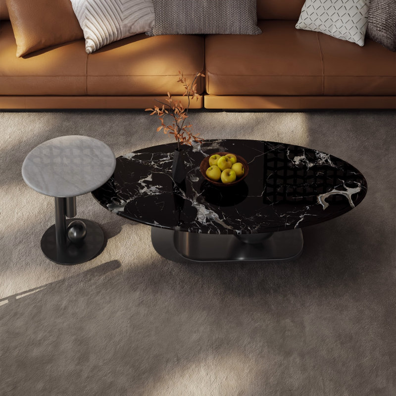 Ensemble de tables basses ovales en marbre noir naturel de luxe, H 21,65 po x l 62,99 po x P 23,62 po