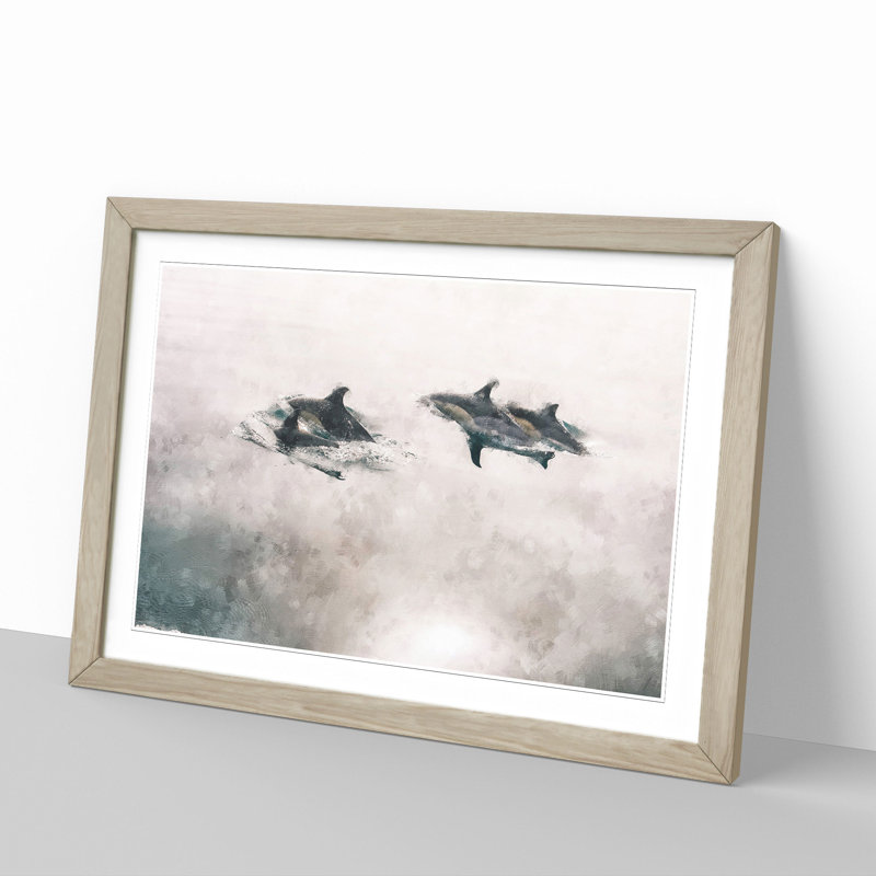 Swimming Dolphins - Picture Frame Painting, 36cm H x 48cm W x 2cm D, Oak Framed