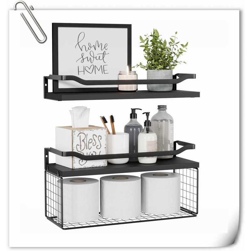 Calogera 2 Piece Wood Floating Shelf, Natural Wood/Black