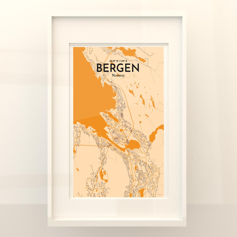 Bergen City Map, impression, H 17 po x l 11 po, Orange / or pâle