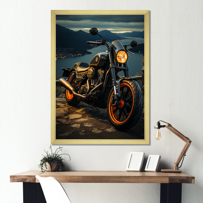 Amandla, orange, moto noire, Wanderlust I, H 44 po x l 34 po x P 1,5 po, Cadre photo doré