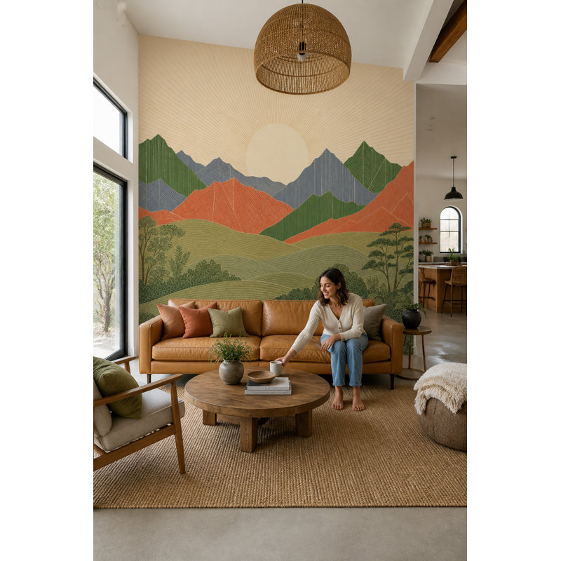 Décoration murale de montagne de style moderne du milieu du siècle, paysage scandinave de lever de soleil, 180"x120"