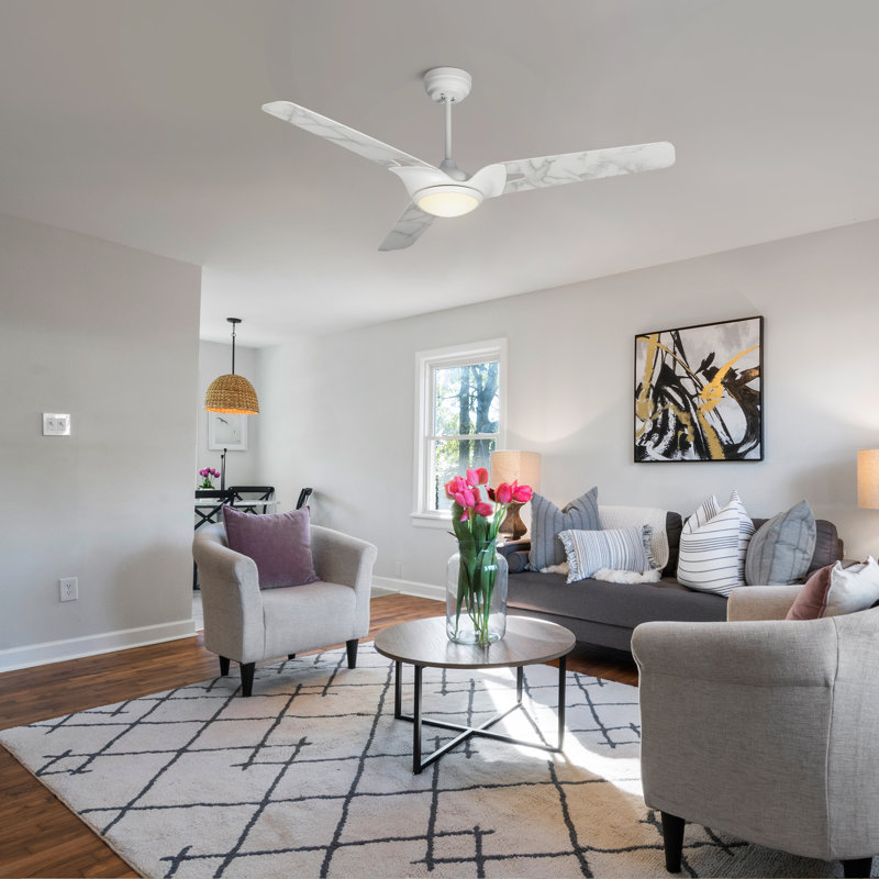 Ventilateur de plafond standard à DEL à 3 pales 56 "avec télécommande et ensemble d'éclairage inclus Fronniah, Marbre blanc