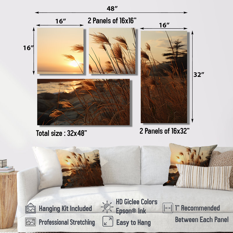 Beach Breeze At Sunset II - Large Coastal Beach, art mural sur toile 4 panneaux, Impression encadrée sans passe-partout, Noir