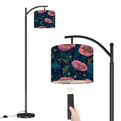 Lampe sur pied à arc avec abat-jour réglable rose et bleu sur fond floral rétro foncé botanique sur pied 3 températures avec gradateur de lumière