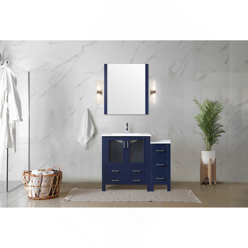 Meuble-lavabo simple bleu marine 42 po X P 18,25 po D, avec armoire latérale et plateau en céramique blanche, Marine