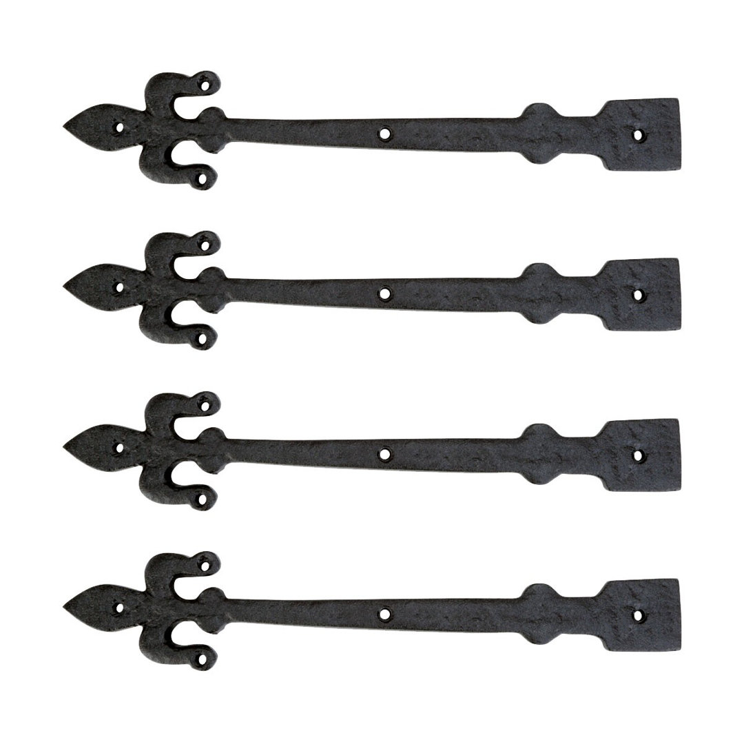 Black Wrought Iron Dummy Strap Hinge 12" L Fleur De Lis Rust Resistant (Set of 4) The Renovators Supply Inc.