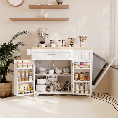 Îlot de cuisine l 43,3 po avec prise, armoire à poubelle, tiroirs et roulettes verrouillables