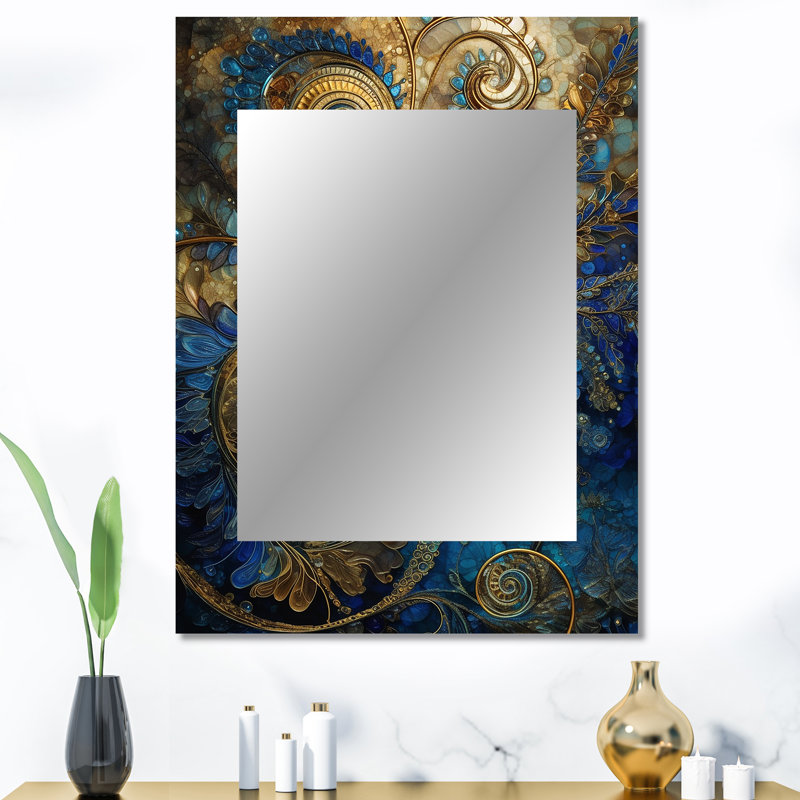 Bleu et doré Melody of Boho II - grand miroir en plumes Boho, miroir mural décoratif traditionnel, impression d'art en métal