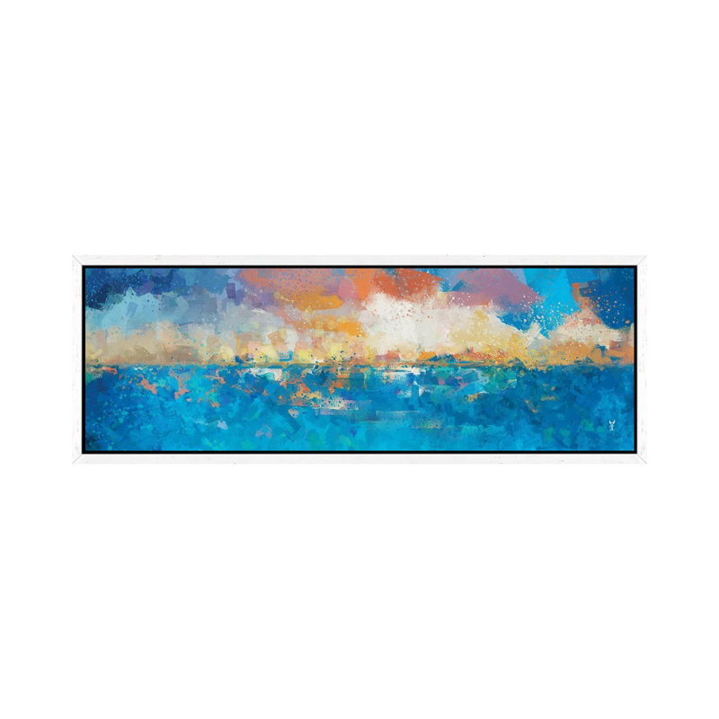 Sunset Seascape I by Van Credi - Panoramic Painting on Canvas, 40.64cm H x 121.92cm W x 3.81cm D, White Framed