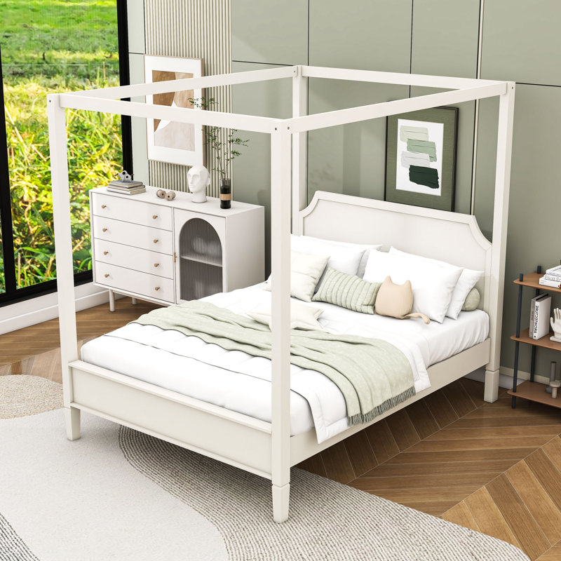Lit plateforme à baldaquin en bois avec tête de lit intégrée et pieds de soutien renforcés, Grand lit, Blanc crémeux