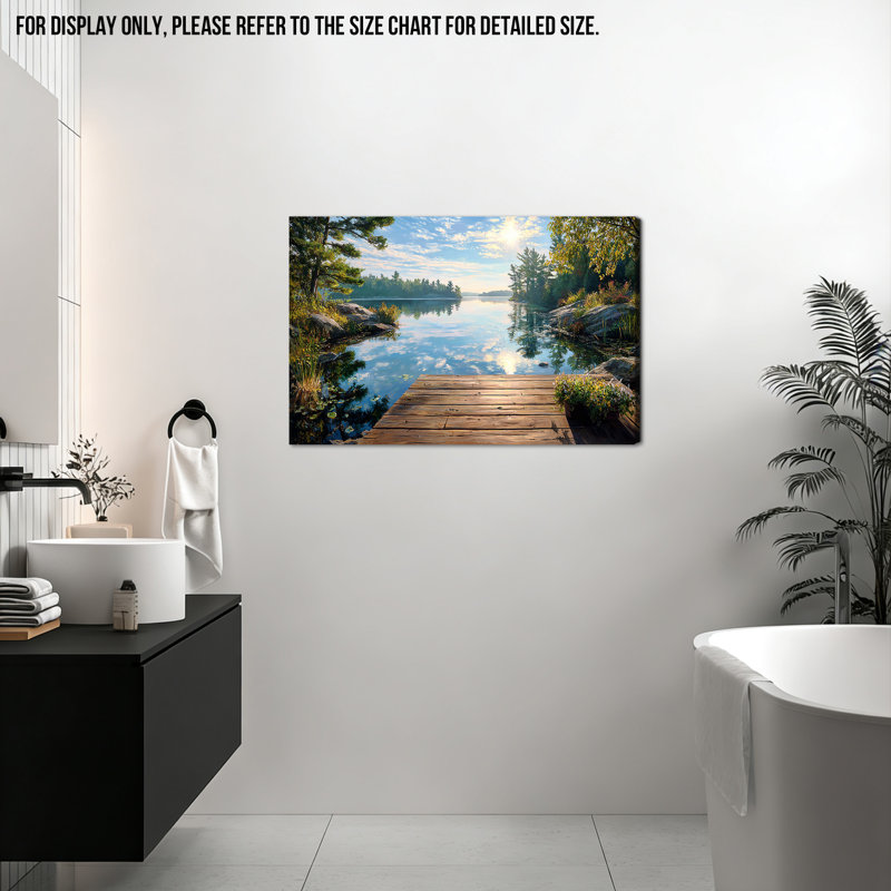 «Lakeside Sunrise», art mural sur toile - ferme rustique, peinture de paysage, campagne rétro, impression sur toile tendue à la galerie pour le salon, la chambre à coucher, le bureau, la maison, 16 po x 32 po