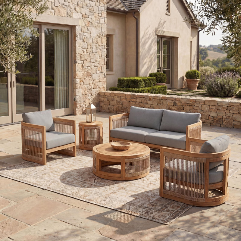 Ensemble de conversation d'extérieur en bois d'acacia pour 4 personnes avec corde tissée et coussins hydrofuges Aldo, Grey