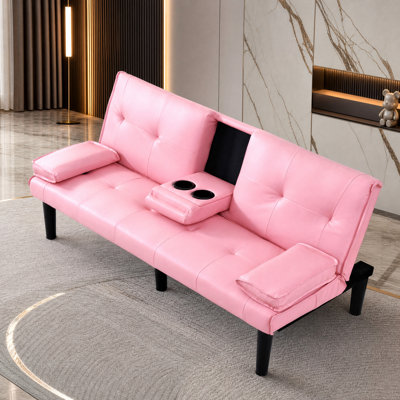 Faux Leather Convertible Sofa with Cup Holders