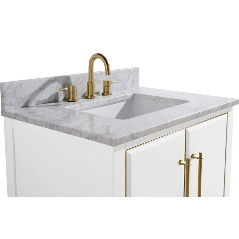Mason 30" Single Bathroom Vanity with Carrara Marble Top, Navy Blue, Matte Gold, Carrara White