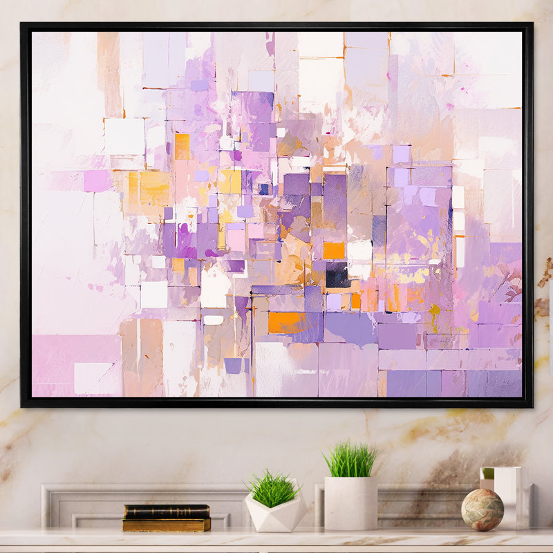 «Pink and Pruple Abstract Shadows I» - Formes abstraites, impressions sur toile, Cadre flottant noir, H 24 po x l 32 po