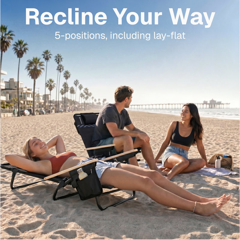  Premium Reclining Beach Chairs - Portable Lay Flat Folding Beach Chair for Adults - Includes Shoulder Backpack Strap, Pillow, 2 Pockets, and Cup Holder - Black