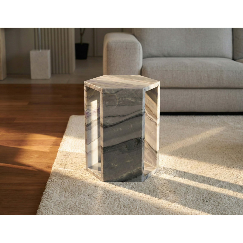 Table d'appoint luxueuse en marbre naturel de luxe Aurora, table de bout hexagonale avec finition polie pour le salon, Bleu