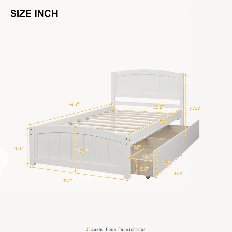Lit plateforme simple en bois avec deux tiroirs, blanc