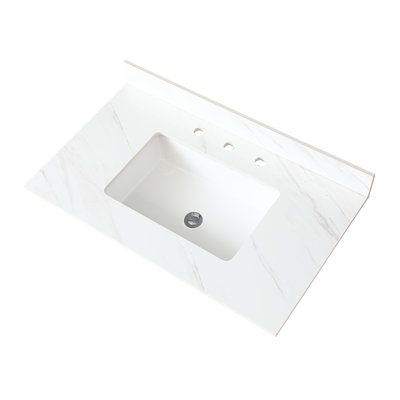 37" White Marble-Like Vanity Top - Sintered Stone For Bathroom, 4" High Backsplash, Pre-Drilled Faucet Hole, Scratch- And Waterproof