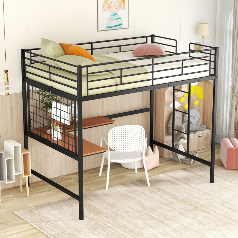 Lit mezzanine double en métal avec bureau et tablette, Noir