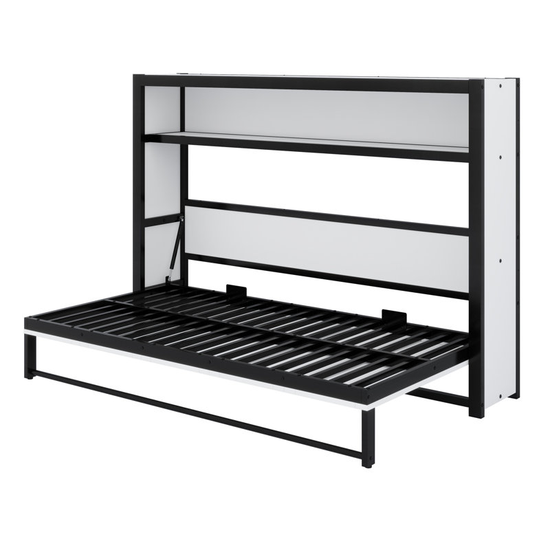 Lit escamotable avec tablettes, lit escamotable en métal au design pliable et peu encombrant, Blanc