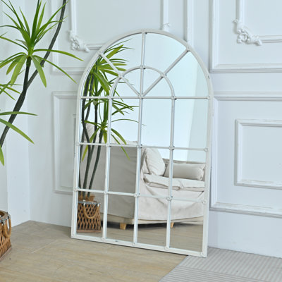 31.89"W x 46.46"L Handmade Distressed White Arched Metal Mirror , Rustic Windows Design Metal Mirror for Entryway/Fireplace/Living Room/Hallway/Bathroom