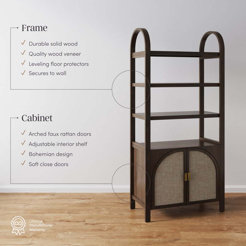 Cordi Boho 3-Shelf Bookshelf Cabinet With Rattan Doors, Brown/Beige