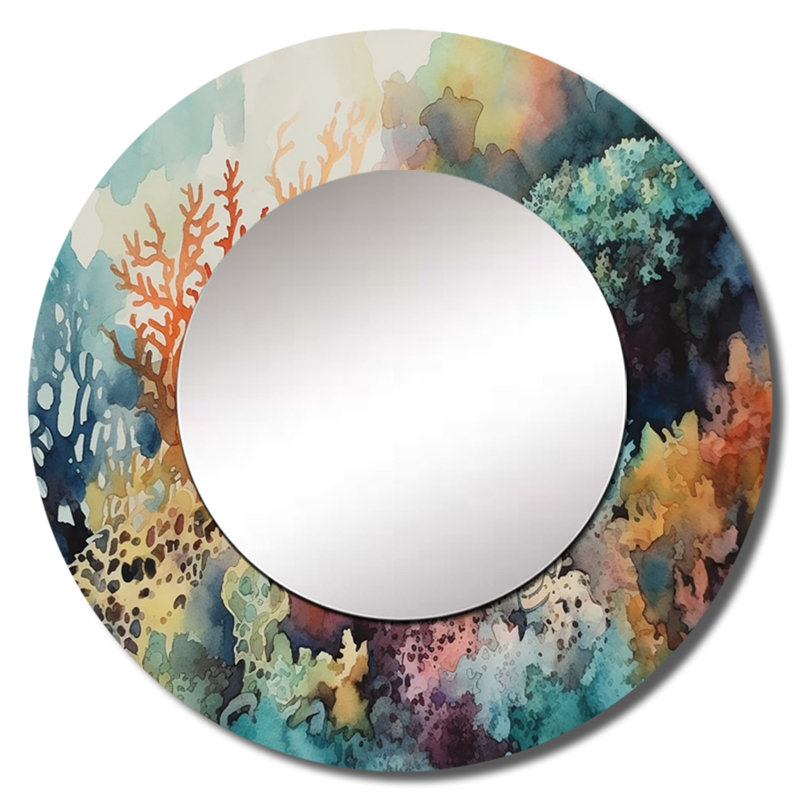 Prinsh Vibrant Coral Reef I - miroir mural de plage, miroir décoratif rond moderne, impression d'art en métal, 36 po x 36 po