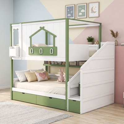 Wooden Bunk Bed with Storage Staircase, Two Underbed Drawers and Open Shelves