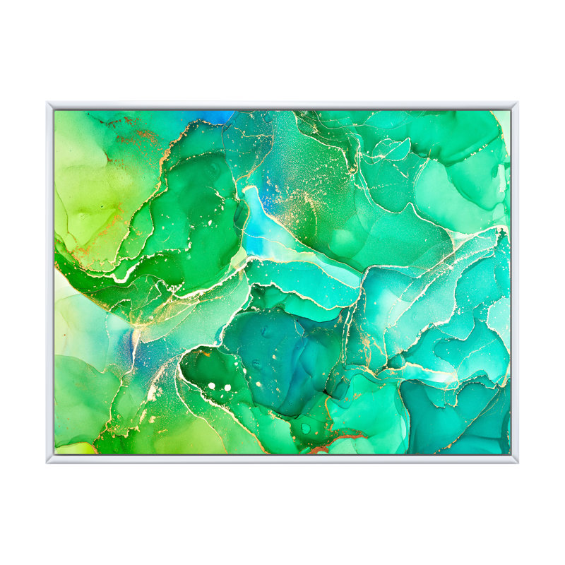 Vert et bleu liquide, reproduction d'art sur toile moderne, Cadre flottant blanc, H 16 po x l 32 po