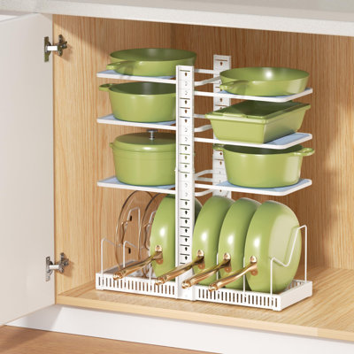 Pots and Pans Organizer under Cabinet, Adjustable Height, 6 Tier Pot Organizer Rack with 6 Horizontal Dividers, Adjustable Pot and Pan Organizer for Kitchen Storage, (White)