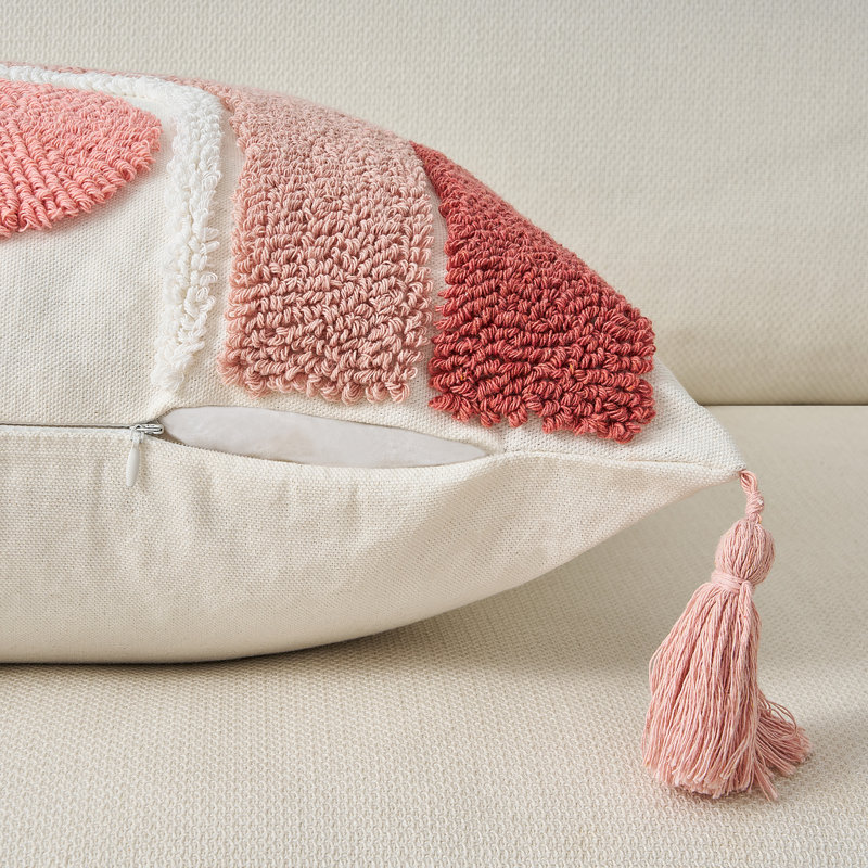 Tufted Throw Pillow Cover with Handwoven Stripes, Linen Cotton Decorative Cushion Case, 18x18 inch Set of 1, Pink Striped