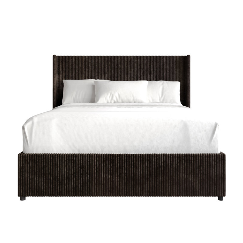 FULL SIZE WINGBACK PLATFORM LIFT UP STORAGE BED IN BROWN VELVET, BROWN, FULL