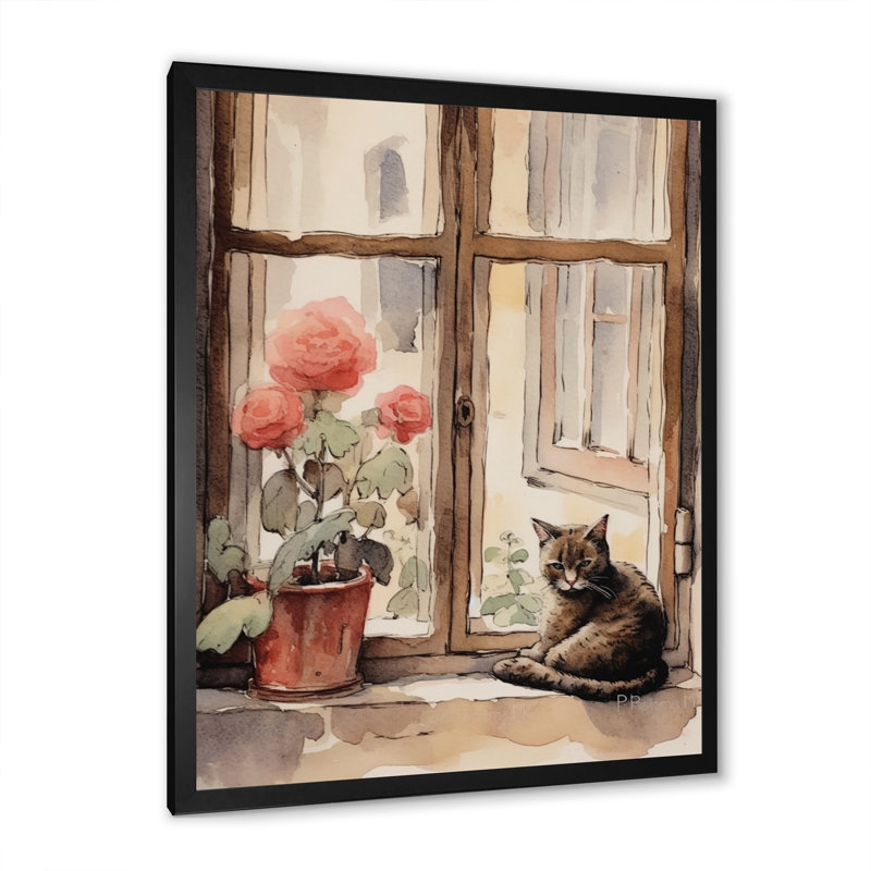 Chat orange assis sur l'aquarelle I - reproduction, H 20 po x l 12 po x P 1 po, Cadre simple noir