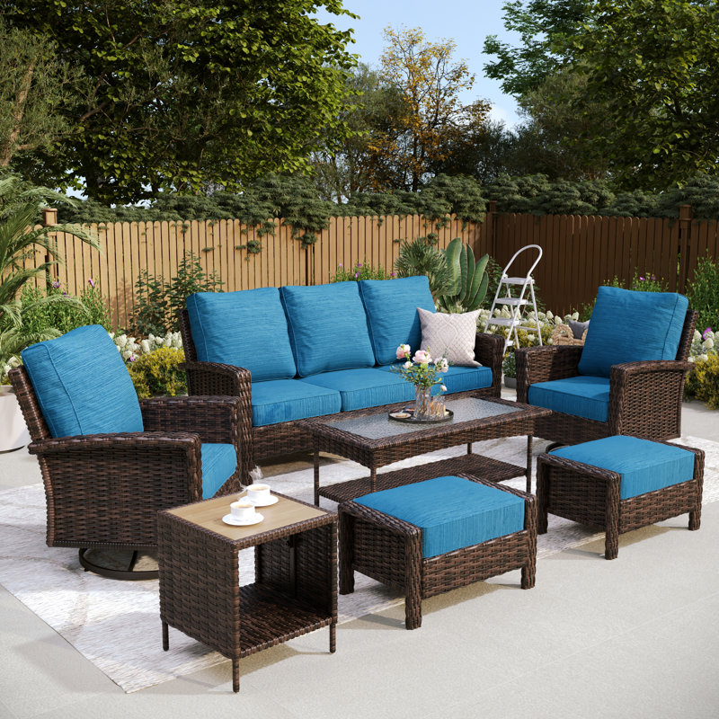 Outdoor Wicker Patio Conversation Furniture Set, Peacock Blue, Yes