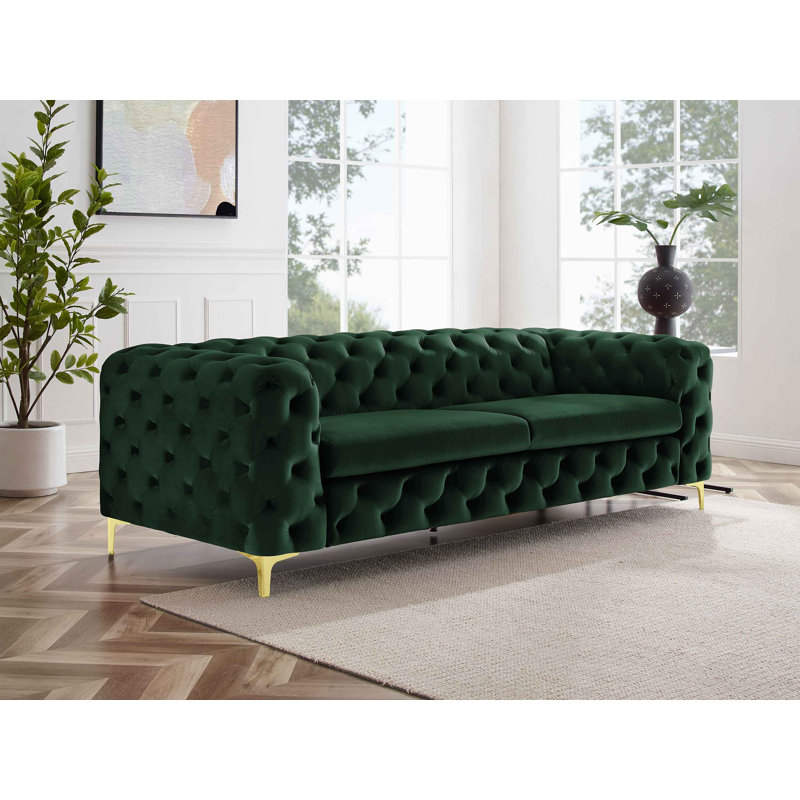 Ghaleb 237Cm Velvet Square Arms Sofa, Green Velvet, Gold