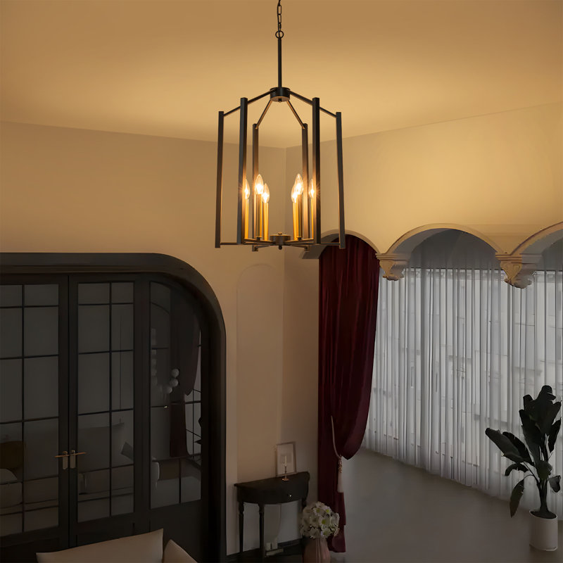 Farmhouse 6-Light Lantern Geometric Chandelier Candle Style Pendant Light for Kitchen Island Dining Room, Gold/Matte Black