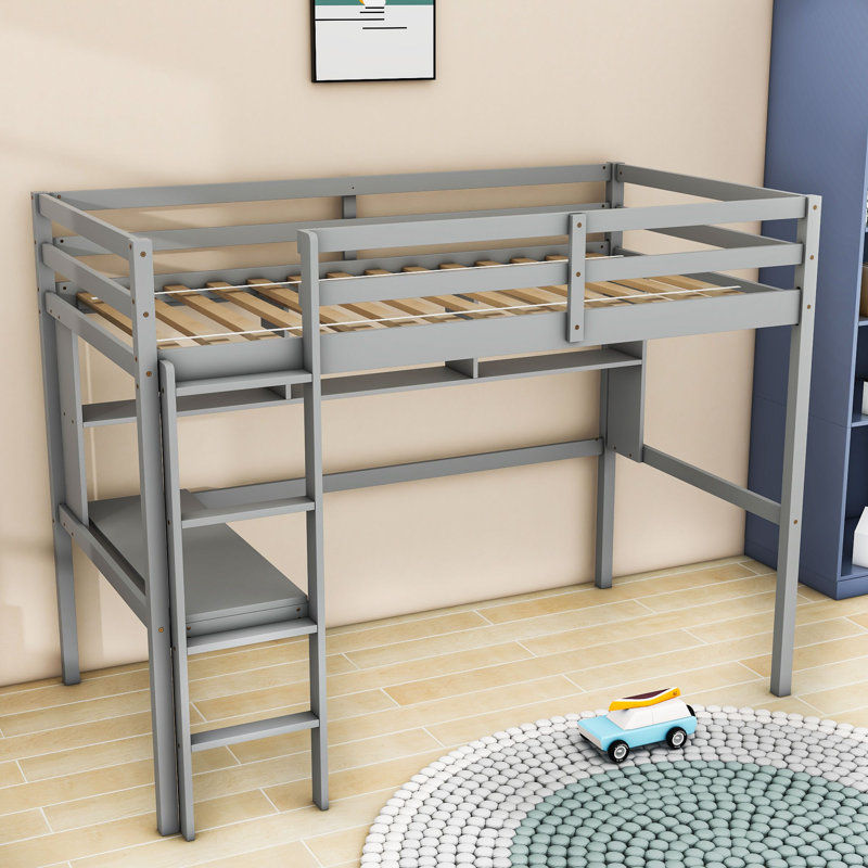 Lit mezzanine simple en bois avec bureau et tablettes, Gris