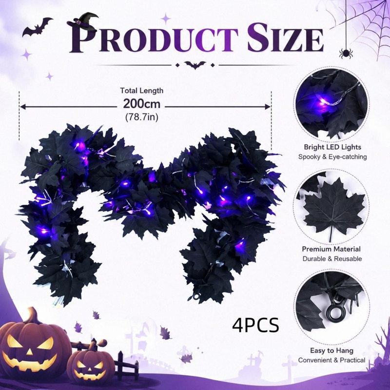 Ensemble de 4 guirlandes de feuilles d'érable noires de 6,5 pi avec lumières DEL mauves, vignes d'Halloween effrayantes pour la fête