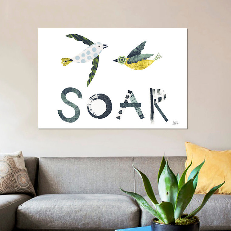 « oiseau words iv », art sur toile, H 18 po x l 26 po x P 1,5 po, Toile avec cadre noir, Pas de tapis