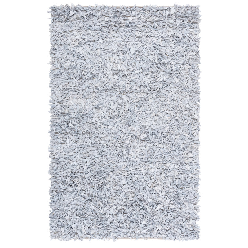 Tapis blanc / gris en cuir tissé à la main Arik, Rectangle 5 pi x 8 pi
