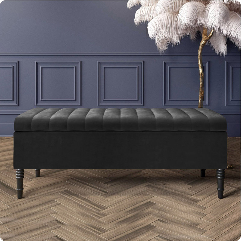 Paris Striped Ottoman Storage Bench - Upholstered Plush Velvet Shoes Bench with Black Turned Wooden Legs, Black