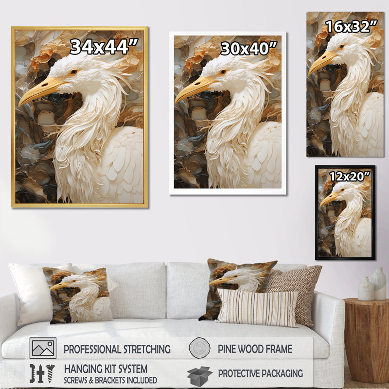Portrait d'un héron beige moderne sur toile, Cadre photo noir, H 40 po x l 30 po x P 1,5 po