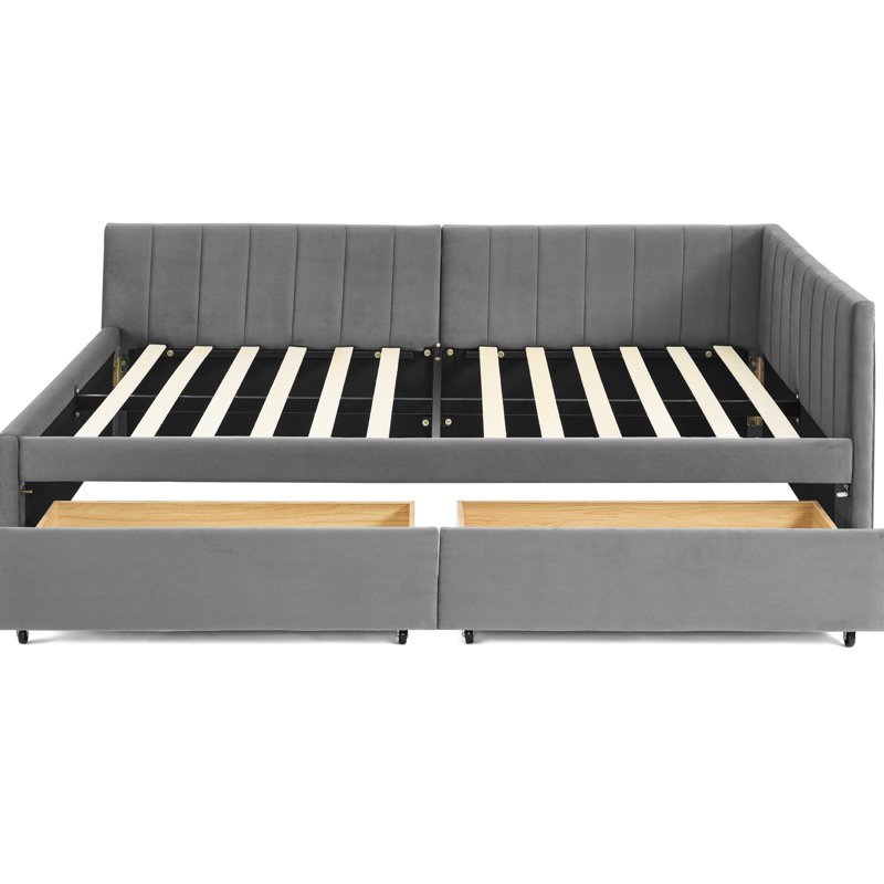 Grey Velvet Bed Frame, Full Size With Two Drawers, And Vertical Stripe , Comfortable Seating Arrangement, Suitable For Cafe Bedroom Decor Various Use, Office Space