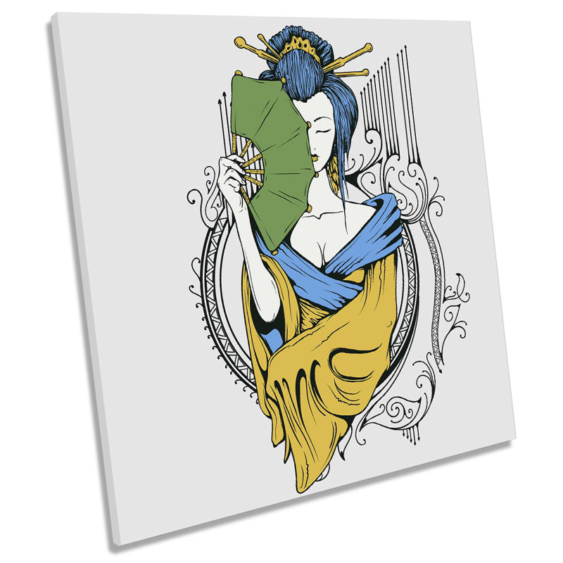 Japanese Geisha Woman Fan - Wrapped Canvas Print, 60cm H x 60cm W x 2cm D