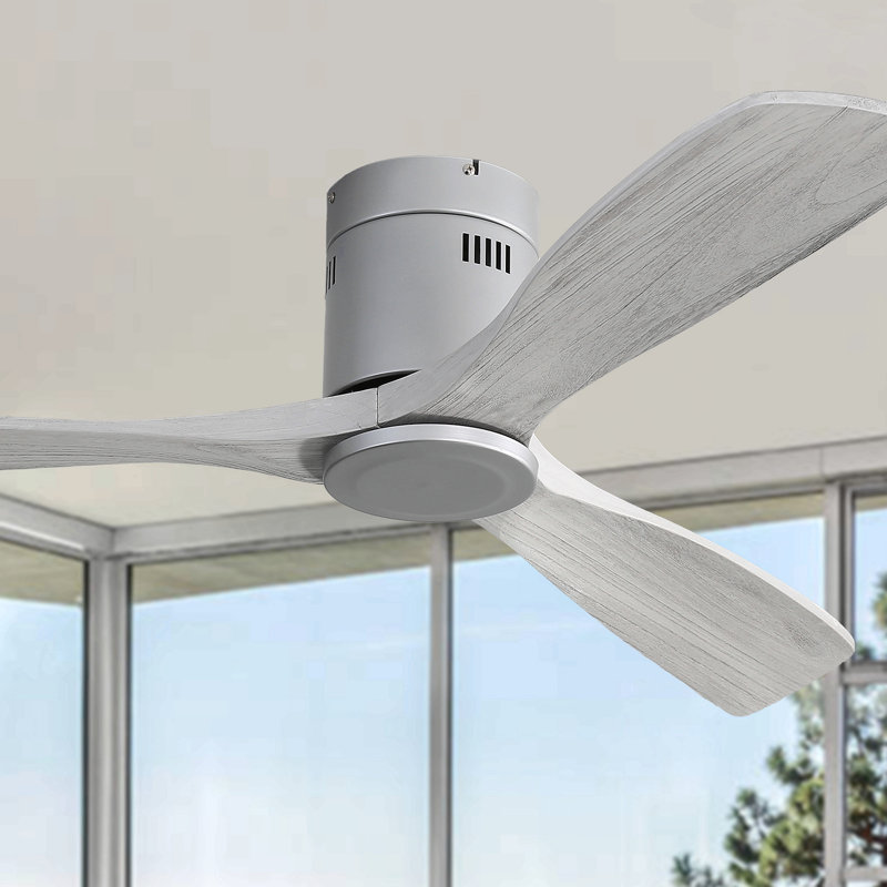 52 Inch Low Profile Ceiling Fan Dc 3 Carved Wood Fan Blade Noiseless Reversible Motor Remote Control Without Light, Silver