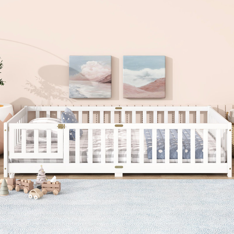 White Twin Floor Bed With Fence And Revolving Door, Rubber Wood For ' Well - Being, 7 Strengthened Slats, Facilitates Autonomy Solid Use, Ideal Play Sleep Areas